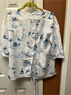White Button-Front Top with Blue & Pink Nautical Print
